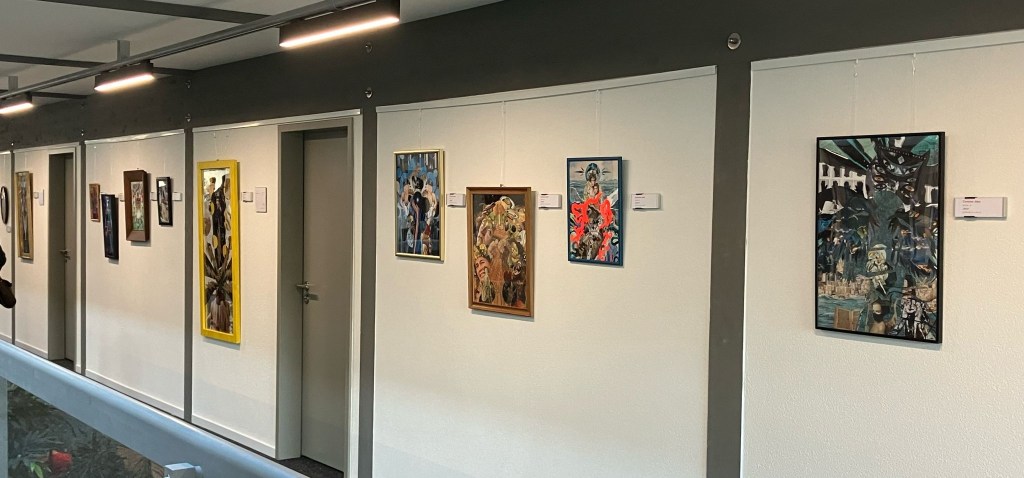 The planet/gods collages at the Edition no.1 exhibition at Peter Gross Atrium.