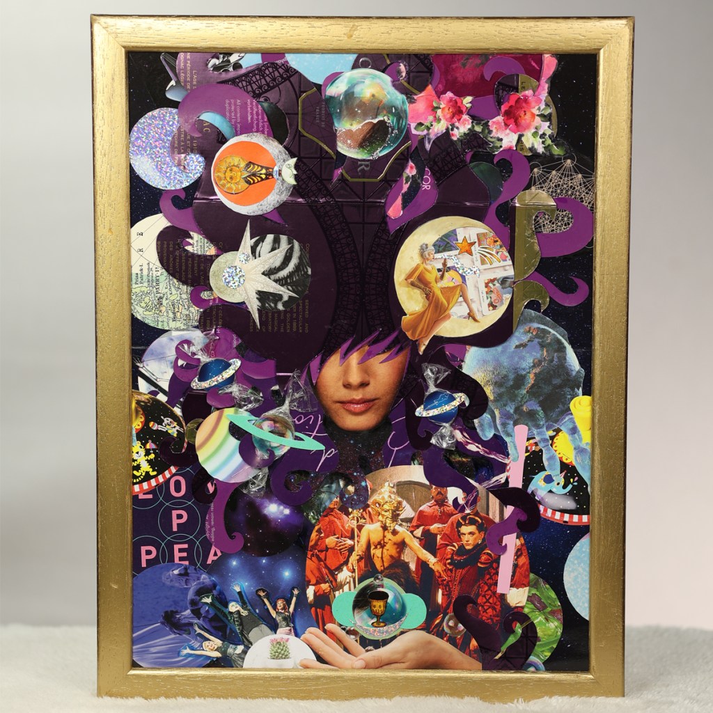 Photograph of Cosmicandy by Carmine Jako, framed paper collage, 2021