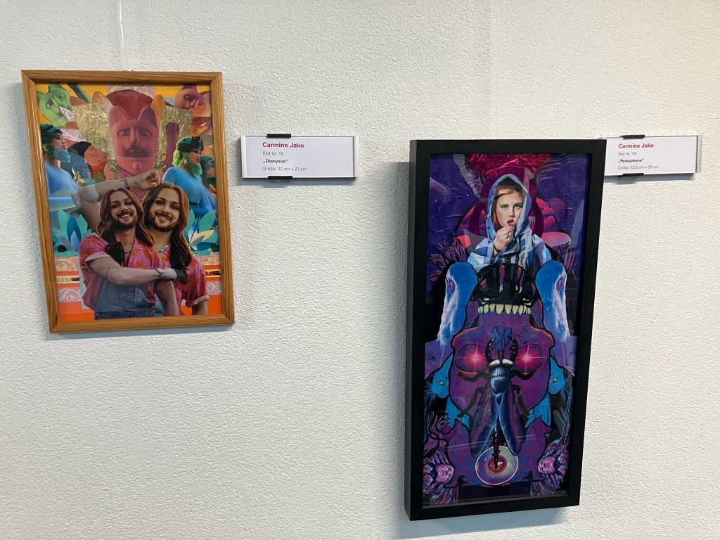 The planet/gods collages at the Edition no.1 exhibition at Peter Gross Atrium. close up of Dionysos (2022) and Cosmicandy (2021), franed paper collages.