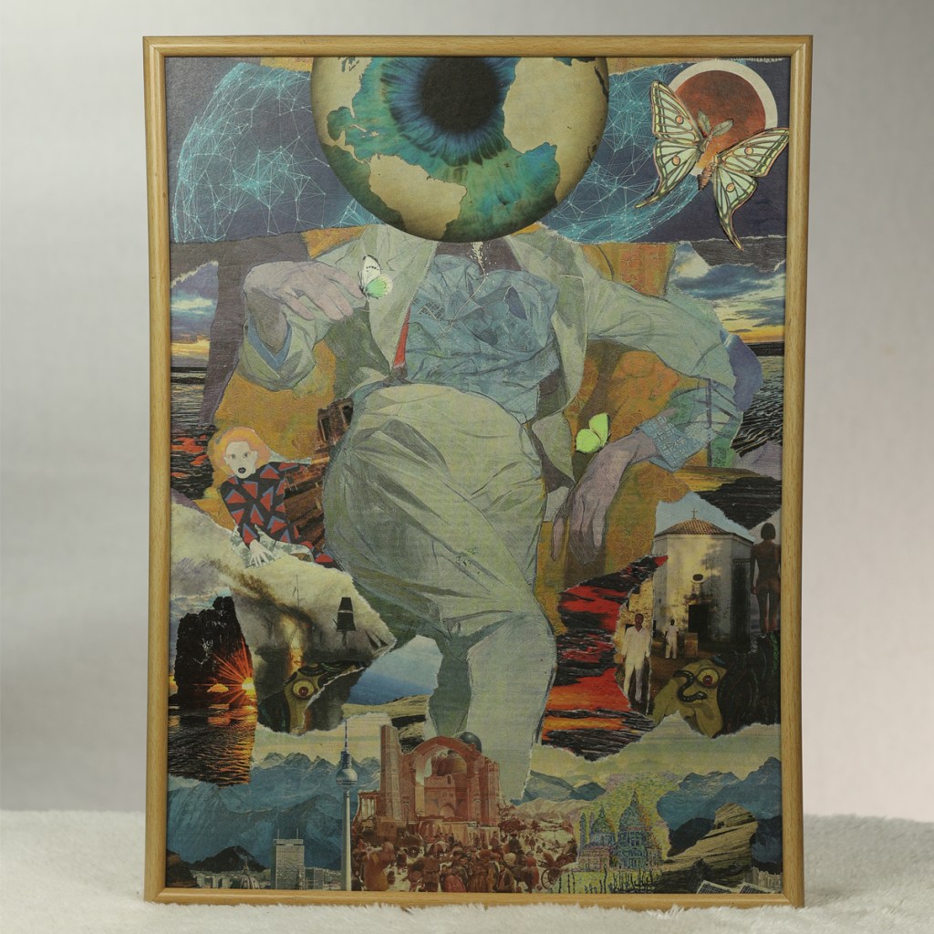 Photograph of Gaia by Carmine Jako, framed paper collage, 2019